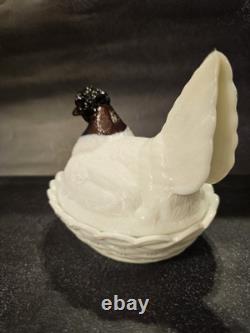 Hen On Nest Fenton Amethyst Head On Milk Glass Body Chicken Hen on Nest Vintage