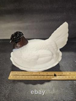 Hen On Nest Fenton Amethyst Head On Milk Glass Body Chicken Hen on Nest Vintage