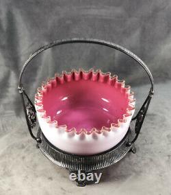 Hobbs Brockunier & Co. Brides Ribbon Bowl Basket Pink/White Cased Clear Crest