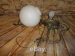Hobnail Globe Milk Glass Hanging Pendant Swag Lamp Light Fixture White Vintage