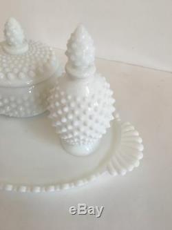 Hobnail Milk Glass 5 Piece Vanity Set with Tray