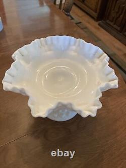 Hobnail White Ruffled Milk Glass Footed Bowl, Candy Dish Cream Serving Bowl 1970