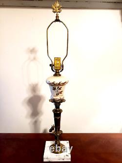 Hollywood Regency Milk Glass Brass & Marble Hand Painted Gilded Heavy Table Lamp