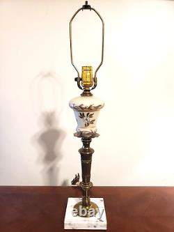 Hollywood Regency Milk Glass Brass & Marble Hand Painted Gilded Heavy Table Lamp