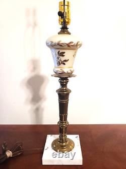 Hollywood Regency Milk Glass Brass & Marble Hand Painted Gilded Heavy Table Lamp