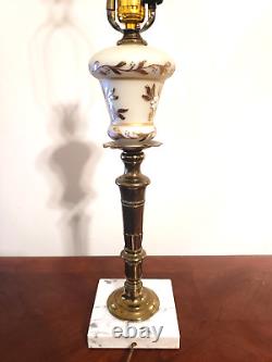 Hollywood Regency Milk Glass Brass & Marble Hand Painted Gilded Heavy Table Lamp