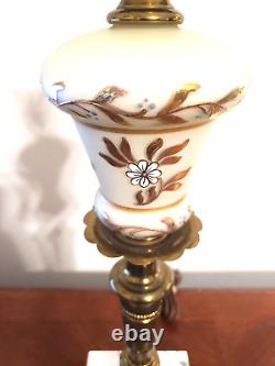 Hollywood Regency Milk Glass Brass & Marble Hand Painted Gilded Heavy Table Lamp