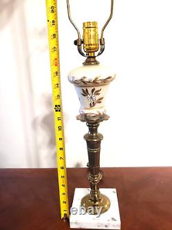 Hollywood Regency Milk Glass Brass & Marble Hand Painted Gilded Heavy Table Lamp