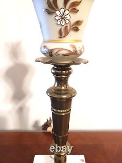 Hollywood Regency Milk Glass Brass & Marble Hand Painted Gilded Heavy Table Lamp