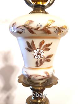 Hollywood Regency Milk Glass Brass & Marble Hand Painted Gilded Heavy Table Lamp