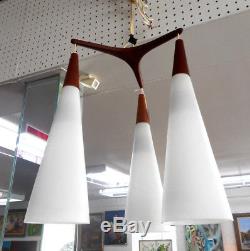Holmegaard Glasvaerk Triple White Milk Glass Hanging Pendant Teak Ceiling Lamp