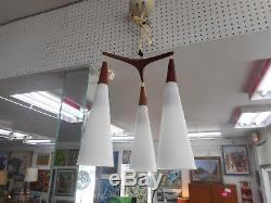 Holmegaard Glasvaerk Triple White Milk Glass Hanging Pendant Teak Ceiling Lamp