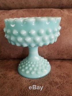 Htf Fenton Turquoise Blue Milk Glass Hobnail Pedestal Ruffle Candy Compote Dish