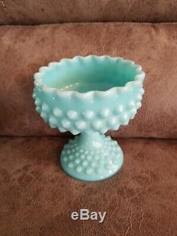 Htf Fenton Turquoise Blue Milk Glass Hobnail Pedestal Ruffle Candy Compote Dish