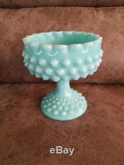 Htf Fenton Turquoise Blue Milk Glass Hobnail Pedestal Ruffle Candy Compote Dish