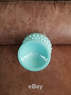 Htf Fenton Turquoise Blue Milk Glass Hobnail Pedestal Ruffle Candy Compote Dish