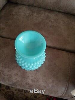 Htf Fenton Turquoise Blue Milk Glass Hobnail Pedestal Ruffle Candy Compote Dish