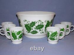 Htf Hazel Atlas Green Christmas Holly Leaf Eggnog Punch Bowl + 6 Cups Mugs