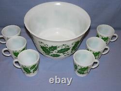 Htf Hazel Atlas Green Christmas Holly Leaf Eggnog Punch Bowl + 6 Cups Mugs