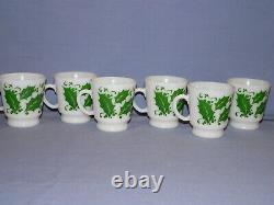 Htf Hazel Atlas Green Christmas Holly Leaf Eggnog Punch Bowl + 6 Cups Mugs