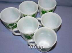 Htf Hazel Atlas Green Christmas Holly Leaf Eggnog Punch Bowl + 6 Cups Mugs