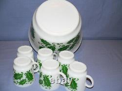 Htf Hazel Atlas Green Christmas Holly Leaf Eggnog Punch Bowl + 6 Cups Mugs