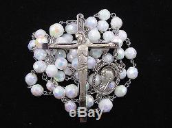 Htf Lovely Vintage Sterling & Snow White Milk Glass Aurora Borealis Rosary