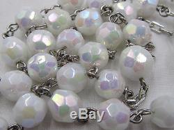 Htf Lovely Vintage Sterling & Snow White Milk Glass Aurora Borealis Rosary