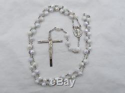 Htf Lovely Vintage Sterling & Snow White Milk Glass Aurora Borealis Rosary