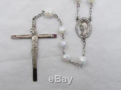 Htf Lovely Vintage Sterling & Snow White Milk Glass Aurora Borealis Rosary