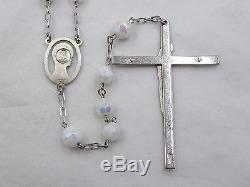 Htf Lovely Vintage Sterling & Snow White Milk Glass Aurora Borealis Rosary