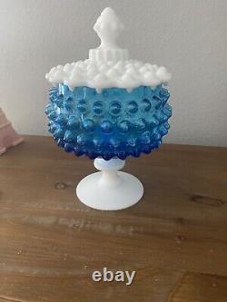 Imperial Glass Blue & White milk glass COVERED CANDY DISH Pedestal Vintage 60's