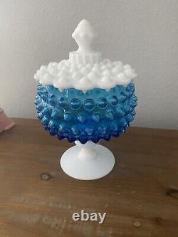 Imperial Glass Blue & White milk glass COVERED CANDY DISH Pedestal Vintage 60's