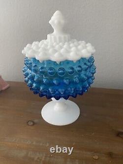 Imperial Glass Blue & White milk glass COVERED CANDY DISH Pedestal Vintage 60's