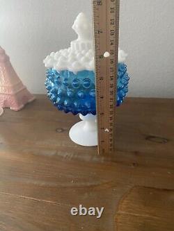 Imperial Glass Blue & White milk glass COVERED CANDY DISH Pedestal Vintage 60's