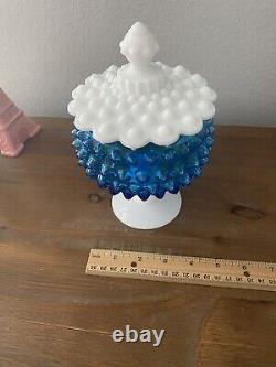 Imperial Glass Blue & White milk glass COVERED CANDY DISH Pedestal Vintage 60's