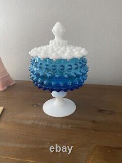 Imperial Glass Blue & White milk glass COVERED CANDY DISH Pedestal Vintage 60's