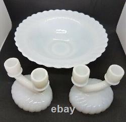 Imperial Glass Co Newbound 1920's Milk Glass Swirl Console Bowl Candleholder Set