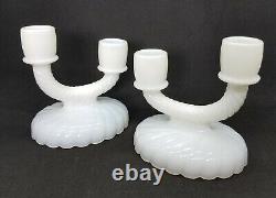 Imperial Glass Co Newbound 1920's Milk Glass Swirl Console Bowl Candleholder Set