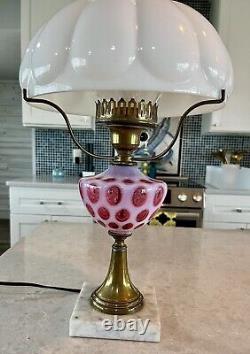 Incredible Vintage Fenton & Milk Glass Cranberry Pink Coin Dot Table Lamp MCM