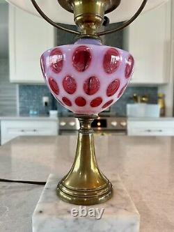 Incredible Vintage Fenton & Milk Glass Cranberry Pink Coin Dot Table Lamp MCM