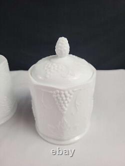 Indiana Colony Harvest Milk Glass Large, Medium, (2) Small Glass Canisters