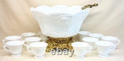 Indiana Lancaster Colony Milk Glass 1549 Golden Harvest Grape Punch Bowl Set