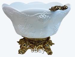 Indiana Lancaster Colony Milk Glass 1549 Golden Harvest Grape Punch Bowl Set