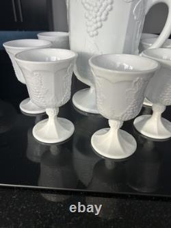 Indiana Milk Glass Colonial Grape Harvest pitcher+8 goblets