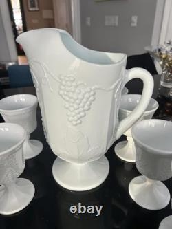 Indiana Milk Glass Colonial Grape Harvest pitcher+8 goblets