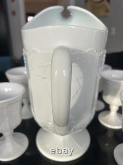 Indiana Milk Glass Colonial Grape Harvest pitcher+8 goblets
