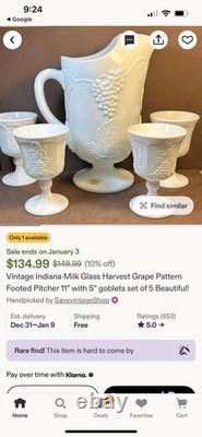 Indiana Milk Glass Colonial Grape Harvest pitcher+8 goblets