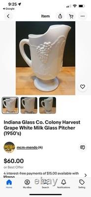 Indiana Milk Glass Colonial Grape Harvest pitcher+8 goblets