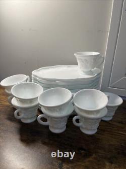 Indiana Milk Glass White Harvest Grape Snack Luncheon Cup & Plate Set Of 10